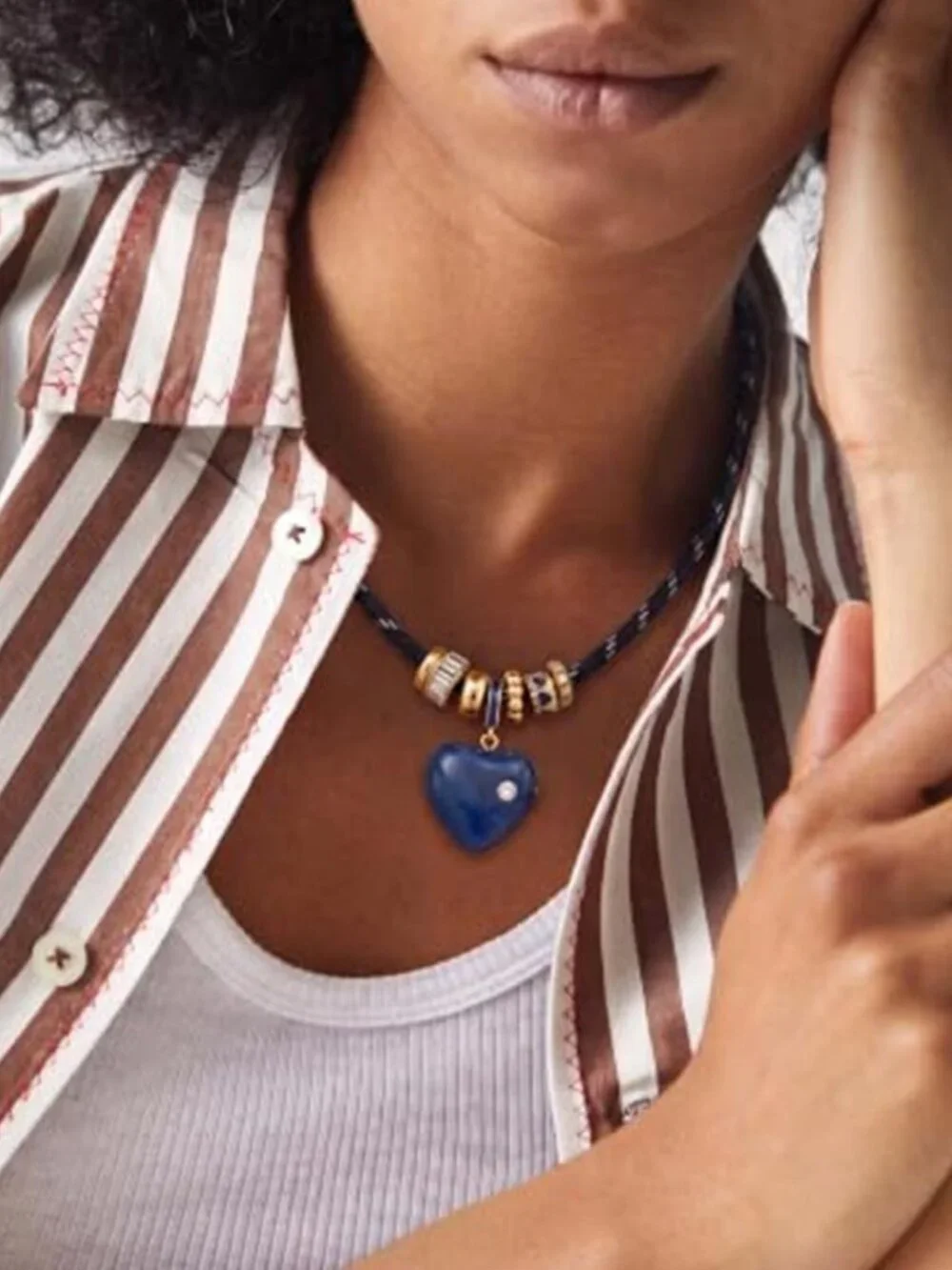 Black Woven Cord Choker Navy Blue Heart Pendant Boho Necklace for Women